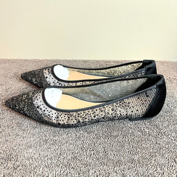 Jewel Badgley Mischka Womens Size 8.5 Black Lace Jeweled‎ Point Toe Flats Shoes - Picture 6 of 14